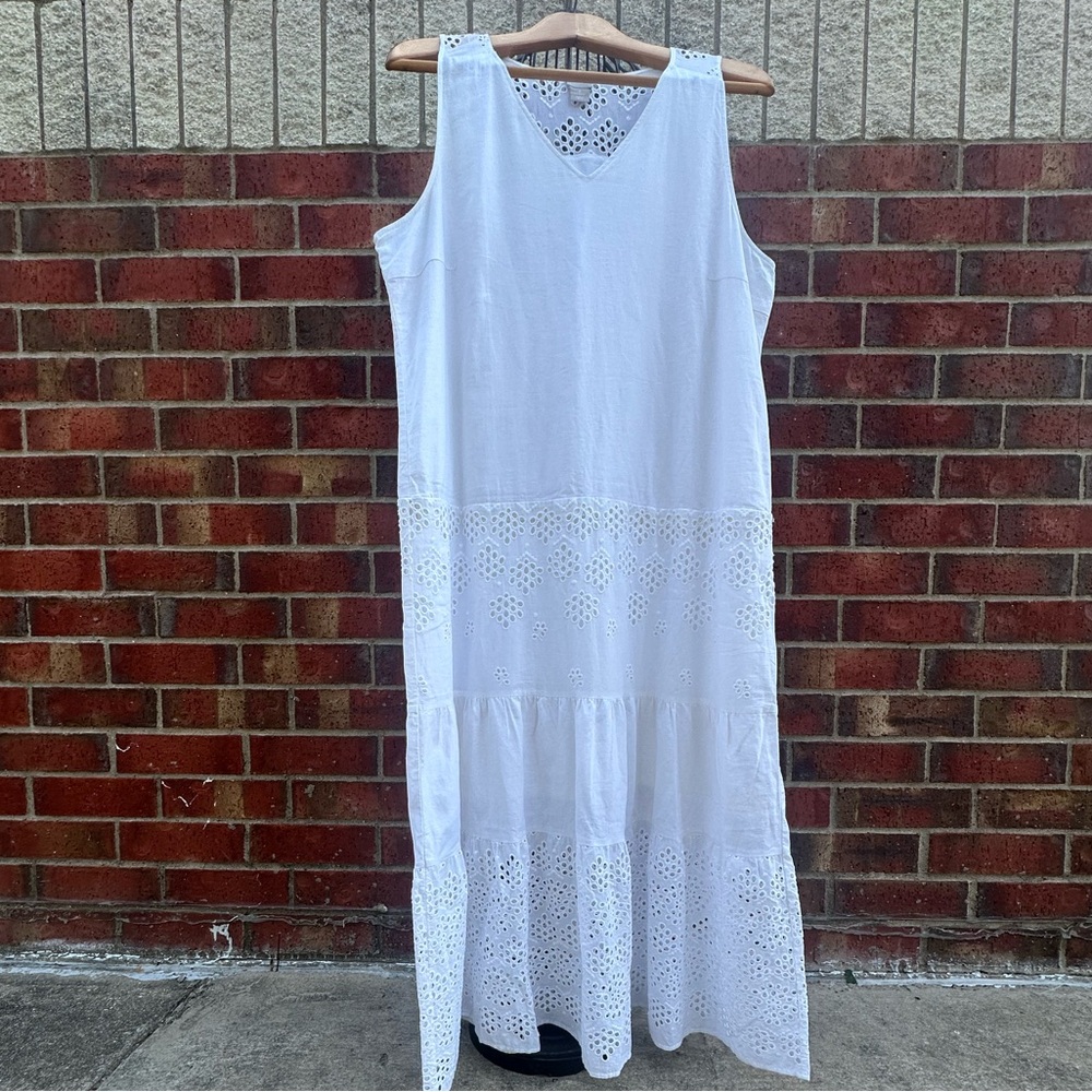 Chico's Linen Cotton Blend Maxi Dress Eyelet  Lined Sz 16 Cottagecore Timeless
